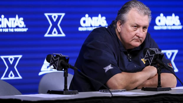 West Virginia head coach speaks to the media after a game on the road at Xavier University.